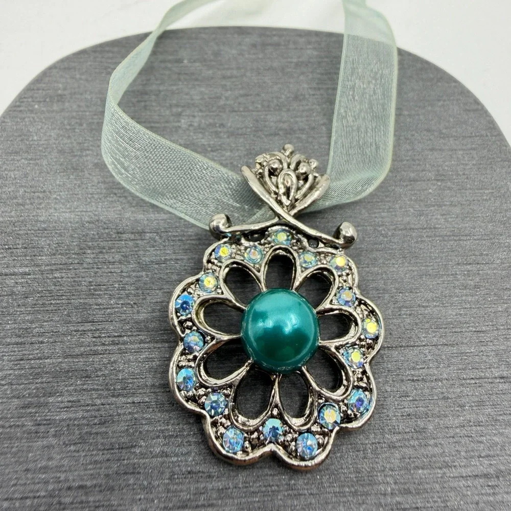 Necklace Teal Faux Pearl AB Rhinestone Silver Tone Flower Organza Ribbon Boho